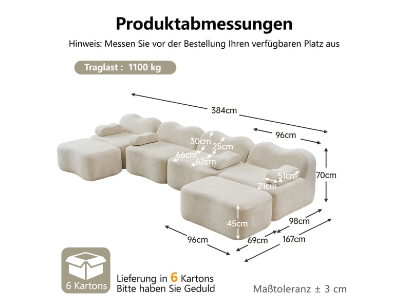  Canapé modulaire 4 places en u avec 2 ottomans beige en velours  - Conforama E