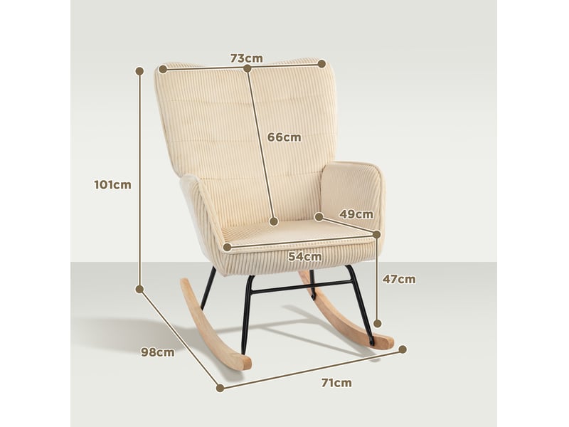  Fauteuil à bascule relax avec dossier haut capitonné et accoudoirs, piètement en bois de hêtre, velours côtelé beige  - Conforama D