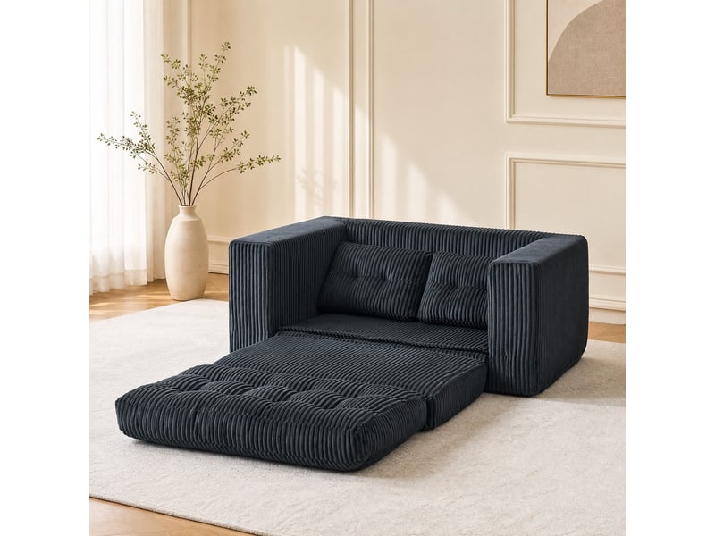  Canapé convertible 2 places pliant sans cadre  - couchage d'appoint, coussins amovibles, velours côtelé noir  - Conforama C
