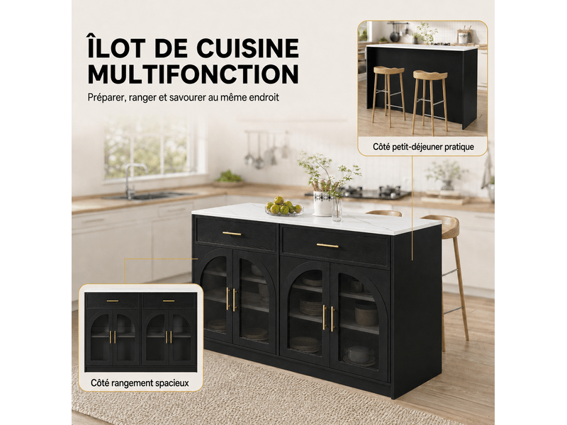Îlot de cuisine avec grand plan de travail 135x55x91 cm – noir – led, 2 tiroirs et étagères réglables - Conforama E