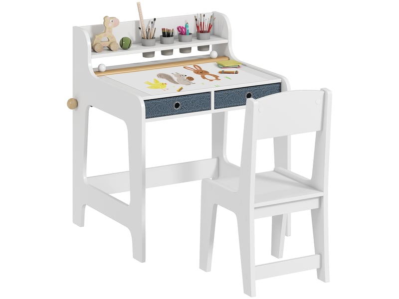Bureau enfant avec chaise, table enfant et chaise avec 2 tiroirs en tissu et porte-gobelet, 62,8x55,6x73,8cm, blanc - Conforama A