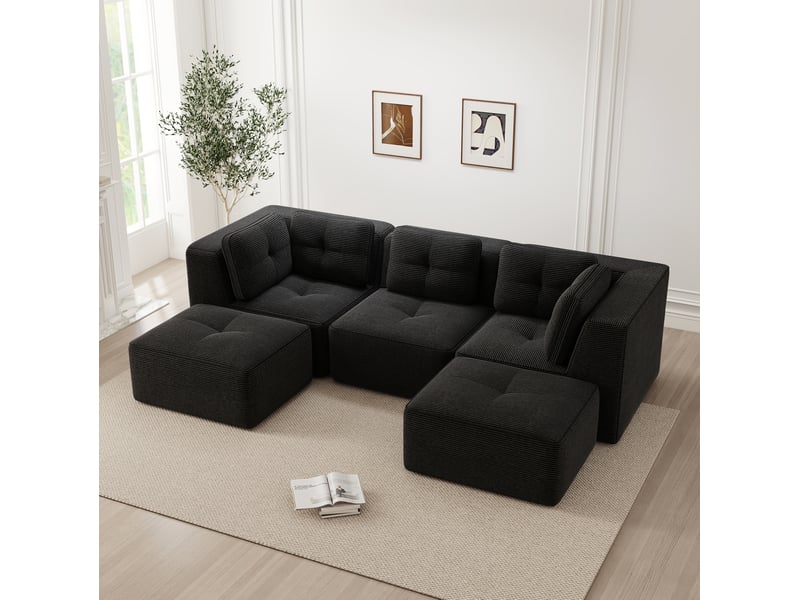  Canapé d'angle panoramique ulevr modulable 3 places, assise profonde 74 cm, velours côtelé noir, 297 x 177 x 69 cm  - Conforama D