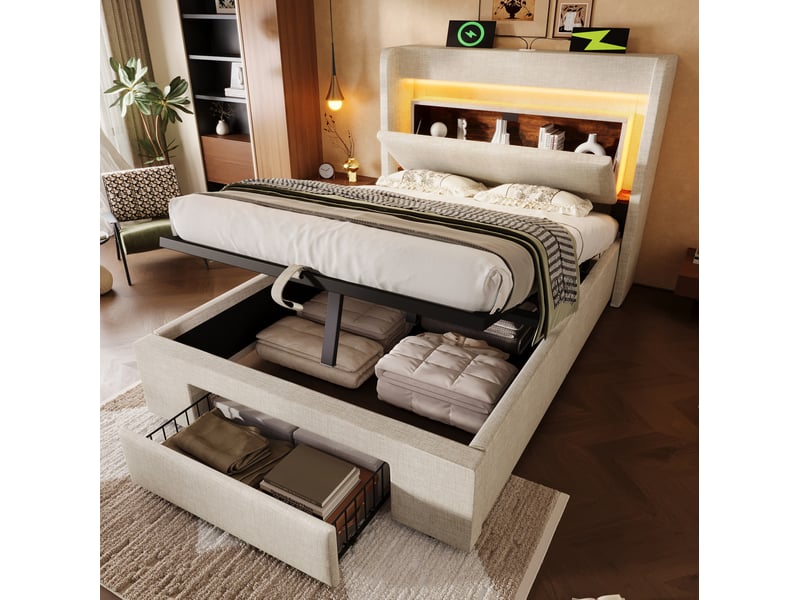  Lit rembourré 90 × 200 cm 1 place avec coffre, tiroir, led réglable et usb type-c, matelas inclus, beige  - Conforama B