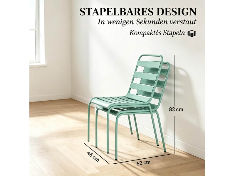  Chaises de jardin lot de 2 empilables avec patins réglables, sans coussin, pour terrasse et balcon en acier vert  - Conforama C