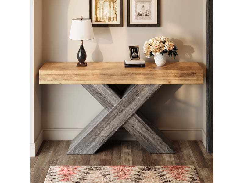  Console avec structure en x et espace ouvert, style industriel, pour entrée et salon, 140 × 30 × 80 cm  - Conforama C