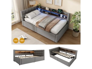 Lit de jour canapé-lit, 90 × 200 cm, gris, lin et mdf, coffre hydraulique, rangements intégrés, éclairage led, usb, sans matelas