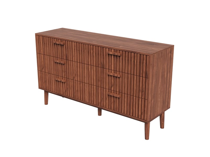  Commode 100x34x73cm - commode de chambre 6 tiroirs à façade cannelée et pieds surélevés - noyer  - Conforama B