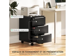 Caisson de bureau à roulettes avec 3 tiroirs et serrure, meuble rangement bureau sur roulettes, noir, 40 x 40 x 63,5 cm