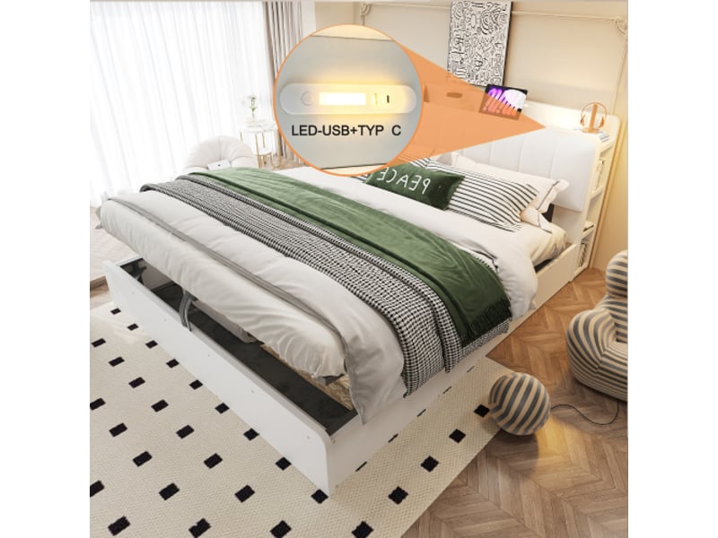 Lit en bois 180x200 cm – cadre hydraulique avec rangements, tête de lit à étagère et stockage, usb, blanc - Conforama E