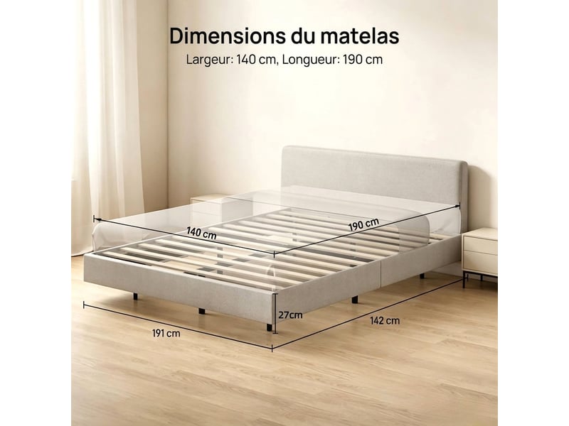  Cadre de lit 140x190 lit flottant avec led sommier à lattes inclus lit double beige  - Conforama D