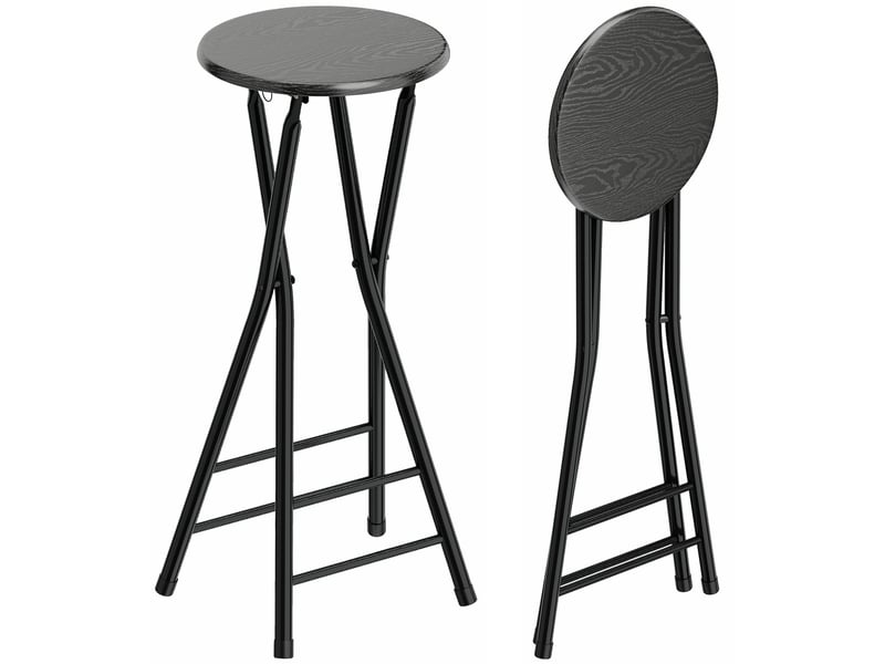  Lot de 2 tabourets de bar pliants avec double repose-pieds, en bois et acier, 34 x 30 x 70 cm, noir  - Conforama A