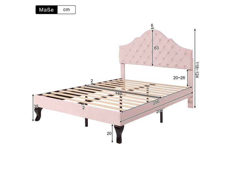  Lit double 200×140 cm avec tête de lit réglable en hauteur et sommier à lattes, en velours rose  - Conforama D