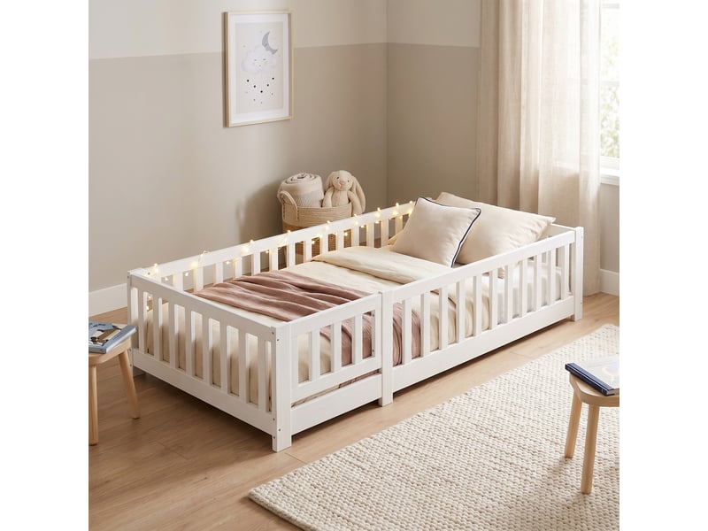  Lit enfant 90x200, lit simple, lit montessorilit au sol avec barrière, cadre en bois et métal, blanc  - Conforama B