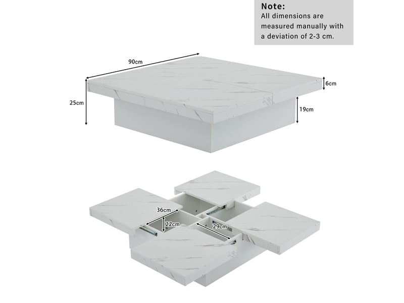  Table basse carrée 90 x 90 x 25 cm plateau coulissant effet marbre 4 tiroirs charge 30 kg panneaux particules blanc  - Conforama C