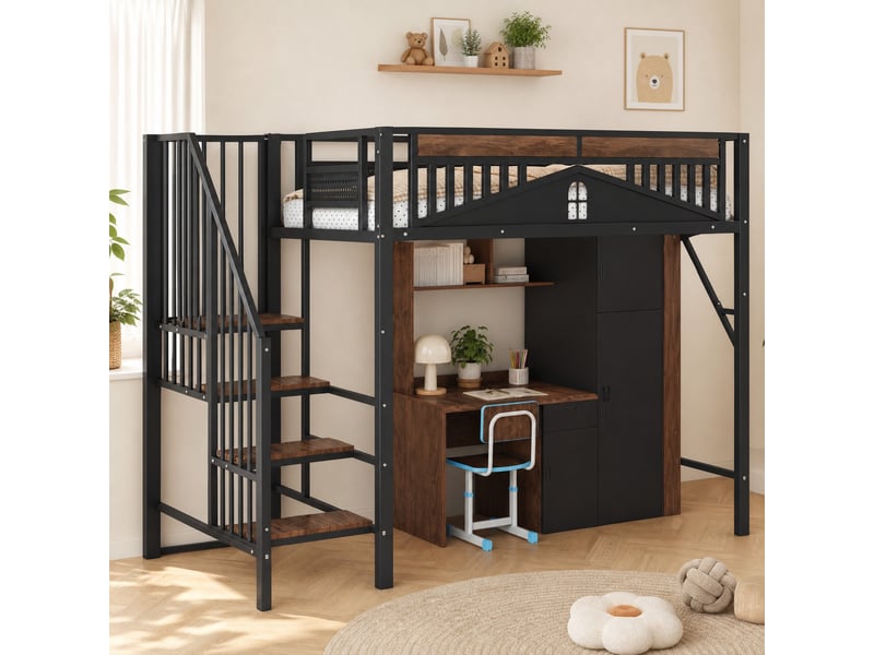  Lit mezzanine 90x200 cm avec échelle et rangements, coloris noir  - Conforama D