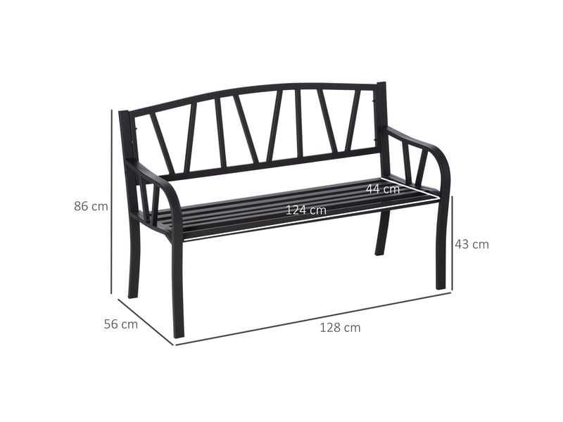  Banc de jardin en métal noir imperméable, banc d'extérieur 2 places en fer, 128 x 56 x 86 cm  - Conforama D