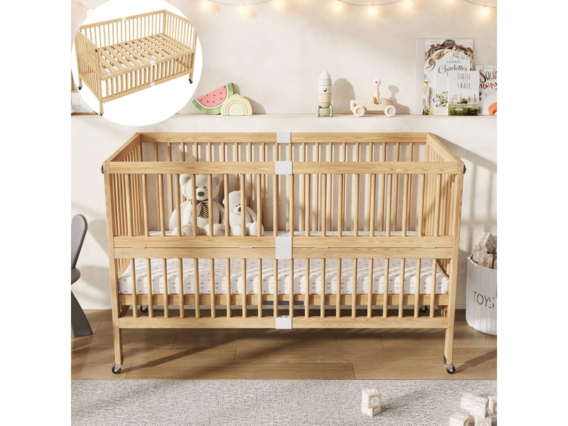  Lit bébé 70 x 140 x 95 cm, table à langer et étagère intégrées, sommier réglable sur 4 hauteurs, pour chambre enfant, pin massif, naturel evarich - Conforama E