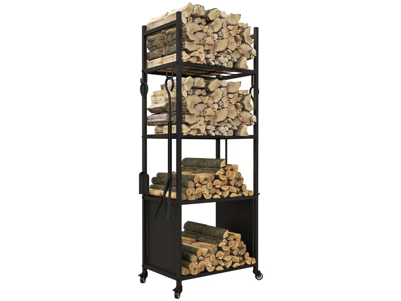  Porte-bûches à roulettes 4 niveaux, métal noir avec 4 outils, 45 x 30 x 118 cm  - Conforama A