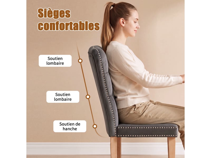  Lot de 2 chaises salle à manger,chaises de cuisine, dossier clouté,pieds en bois,rembourrée,50x47x99 cm,velours,gris  - Conforama W