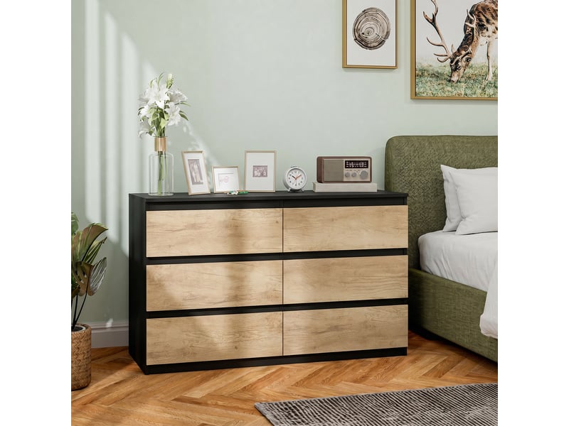  Commode en bois à 6 tiroirs pour chambre à coucher, 120 x 39 x 75 cm, noir et chêne  - Conforama C