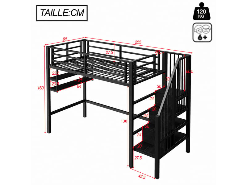  Lit mezzanine, lit simple avec étagères, échelle de rangement et garde-corps, 90x200 cm, sans matelas, noir  - Conforama D