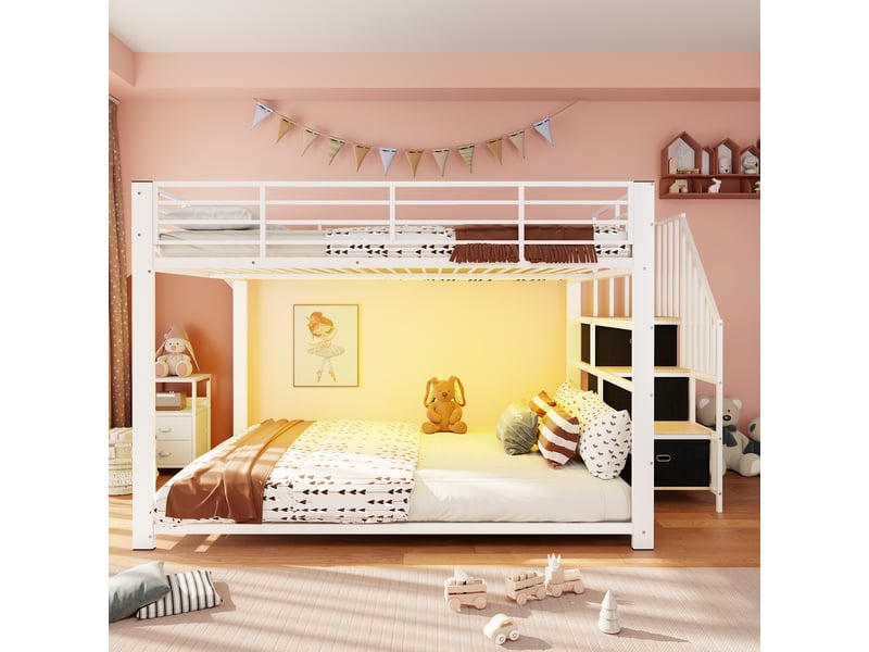 Lit superposé adulte 140x200 cm en métal avec escalier rangement, led, prises usb, barrière de sécurité, échelle réversible gauchedroite - blanc - Conforama E