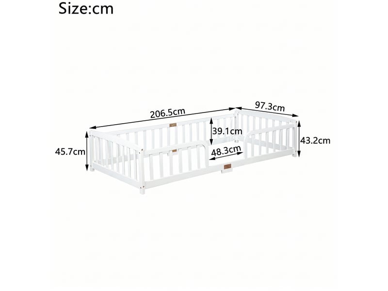  Lit au sol enfant 90x200 cm en pin blanc avec barrières de sécurité  - Conforama C
