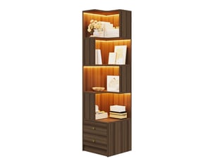 Bibliothèque d'angle 45x43,5x180 cm, 4 niveaux et 2 tiroirs, led par application, meuble salon et bureau, mdf, brun