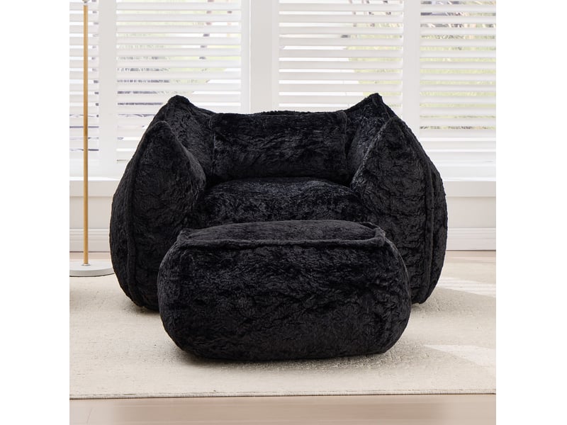  Fauteuil poire modenvie en fausse fourrure avec repose-pieds, coussin et mousse déchiquetée haute densité, noir, 123 x 157 x 73 cm  - Conforama D