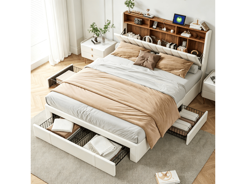  Structure de lit,antibou,140x190 cm,led,avec 4 tiroirs,tissu en lin,cadre de lit 140x190 cm,beige  - Conforama B