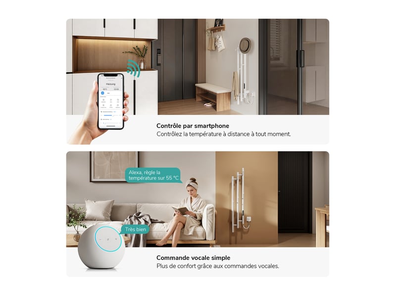  Emke sèche-serviettes électrique 115x21,6 cm, 220w, radiateur salle de bain wifi appalexa, chauffage carbone, blanc  - Conforama D