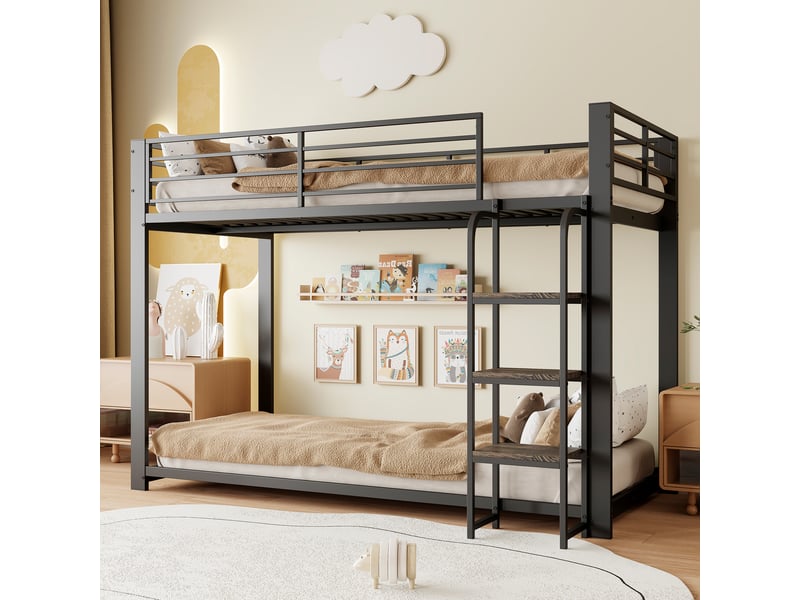Lit superposé 90x200 cm, structure en métal et bois, coloris noir, rangements intégrés, escalier sécurisé, garde-corps, gain de place optimisé - Conforama E