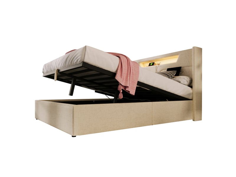 Lit capitonné, lit double 160x200 cm, led, usbusb-c, sommier à lattes, lin beige, matelas inclus - Conforama E
