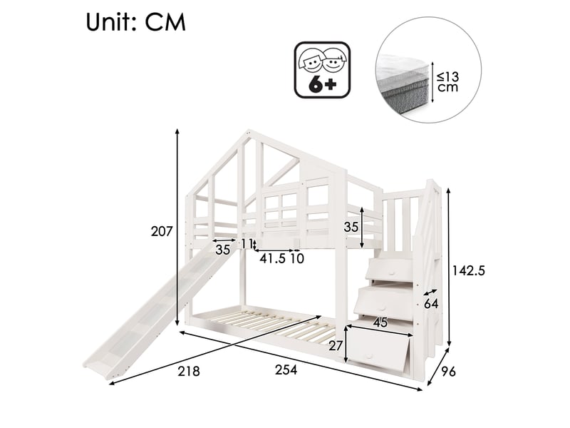  Modenvie lit superposé cabane enfant 90x200 cm - avec toboggan et rangements, sans matelas - blanc  - Conforama C