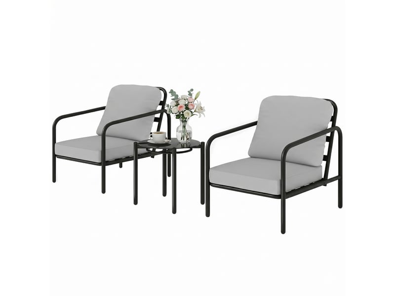 Ensemble bistro en acier 3 pièces avec 2 chaises à coussins épais et table basse avec plateau en verre trempé noir  - Conforama B