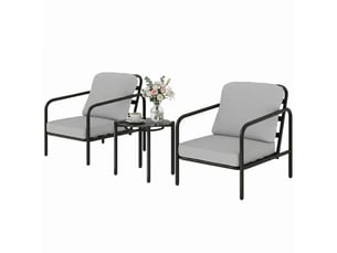 Ensemble bistro en acier 3 pièces avec 2 chaises à coussins épais et table basse avec plateau en verre trempé noir