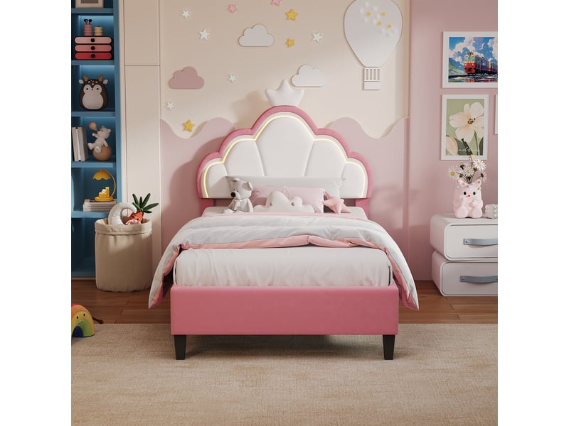  Lit simple enfant, 90 x 190 cm, avec lumière led et tête de lit réglable, velours, rose  - Conforama D