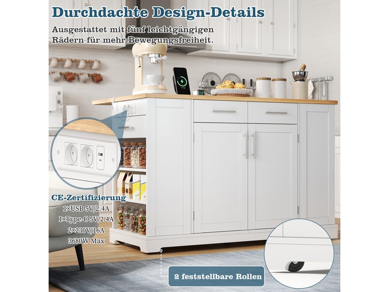  Îlot de cuisine mobile 138 × 86 × 92 cm blanc et naturel, mdf, plateau rabattable, prises eu, usb, type-c et bac coulissant  - Conforama E