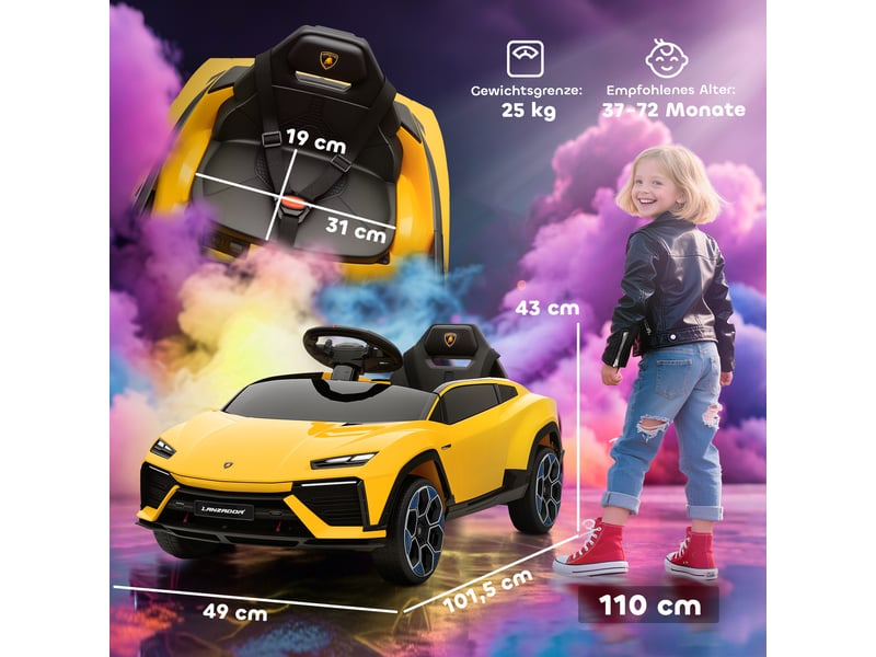 Voiture électrique pour enfants, 12 v, avec télécommande 2,4 ghz, 2 moteurs, klaxon, lumières led, musique, 101,5 x 49 x 43 cm, jaune - Conforama E