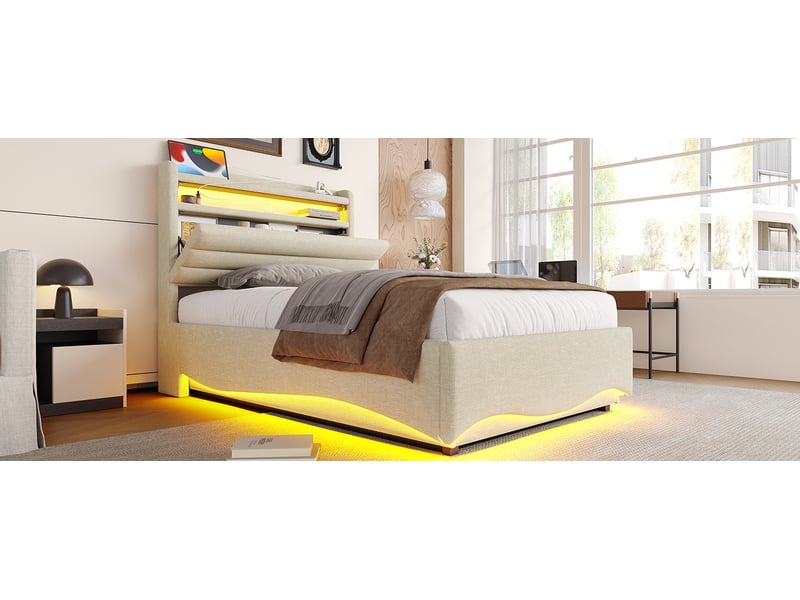  Lit coffre 90x200 cm en lin beige avec led, usb et port type-c, tête de lit avec rangement  - Conforama W