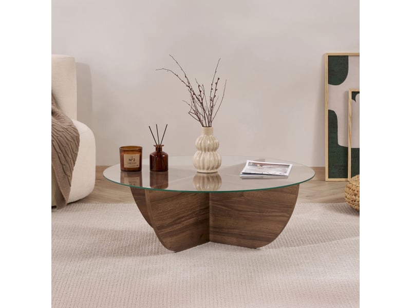  Table basse de salon en verre trempé et bois mdf mélaminé noyer 90 x 90 x 30 cm  - Conforama B