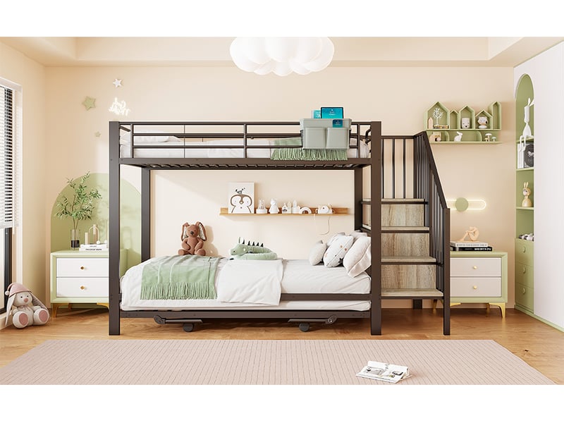  Lit superposé 90 × 200 cm, rangements, couchage gigogne, escalier, noir  - Conforama B