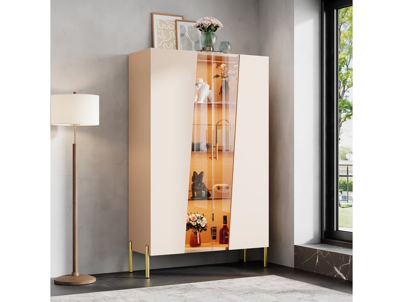 Vitrine led - 72x40x145 cm - meuble de rangement avec porte en verre asymétrique et étagères - beige - Conforama B