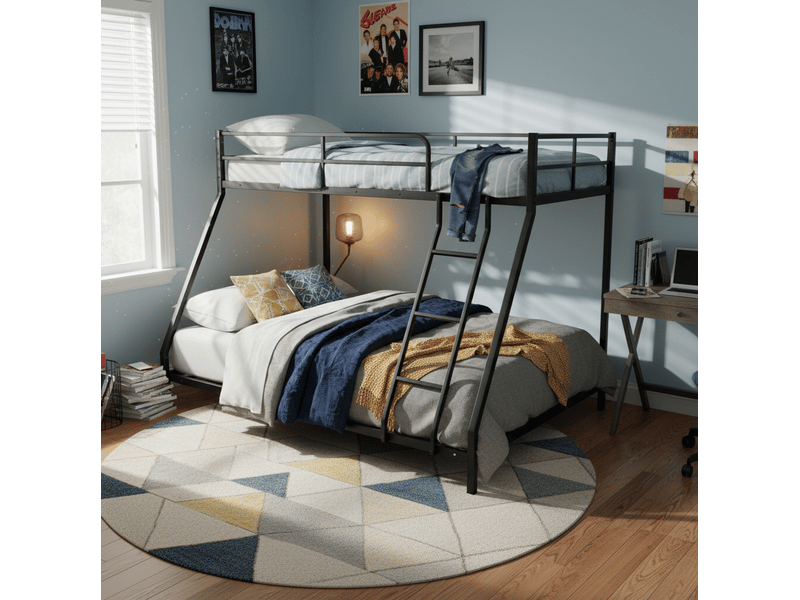 Lit superposé 200x140x137 cm, 2 couchages, avec matelas compatibles 190x80 et 190x130 cm, métal noir - Conforama B