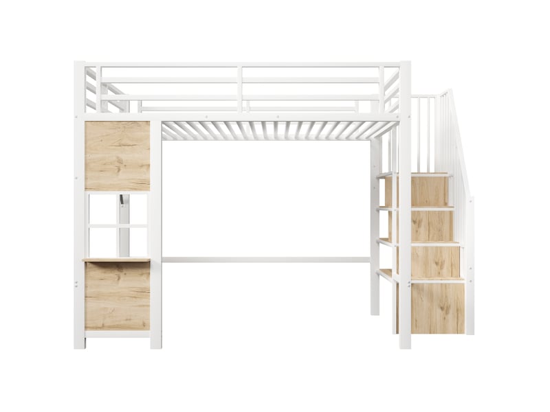 Lit mezzanine métal blanc 140×200 cm avec échelle rangement, fenêtres et garde-corps - Conforama A