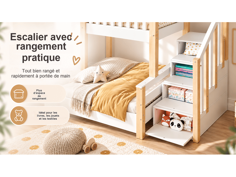  Lit superposé cabane enfant en bois d'ingénierie 90x190120x190 cm blanc et naturel avec escalier de rangement  - Conforama E