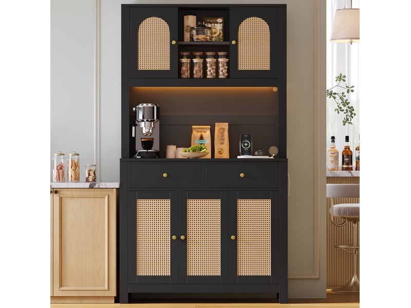  Buffet de cuisine 100x40x180 cm avec led et prises coloris noir  - Conforama E