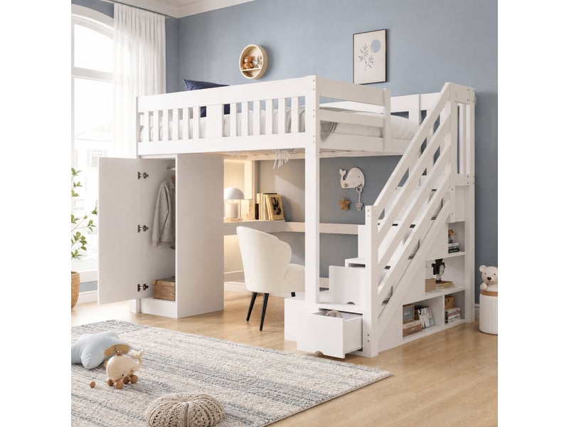  Lit mezzanine multifonction 140 x 200 cm blanc avec rangement, bureau, armoire et éclairage led  - Conforama D