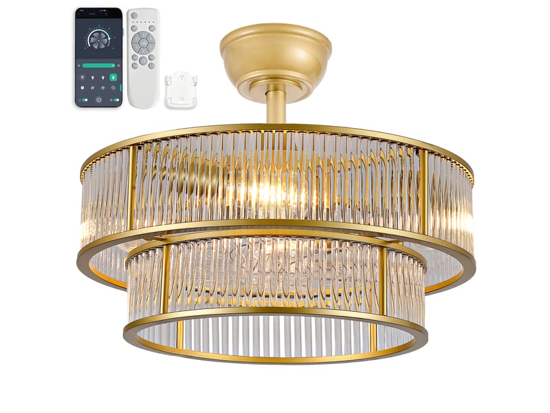  Ventilateur de plafond décoratif 19 pouces en abs doré et verre, contrôle apptélécommande, 6 vitesses  - Conforama A