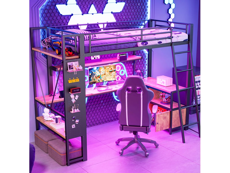 Lit mezzanine 90x200 cm avec bureau, led et rangements noir  - Conforama E
